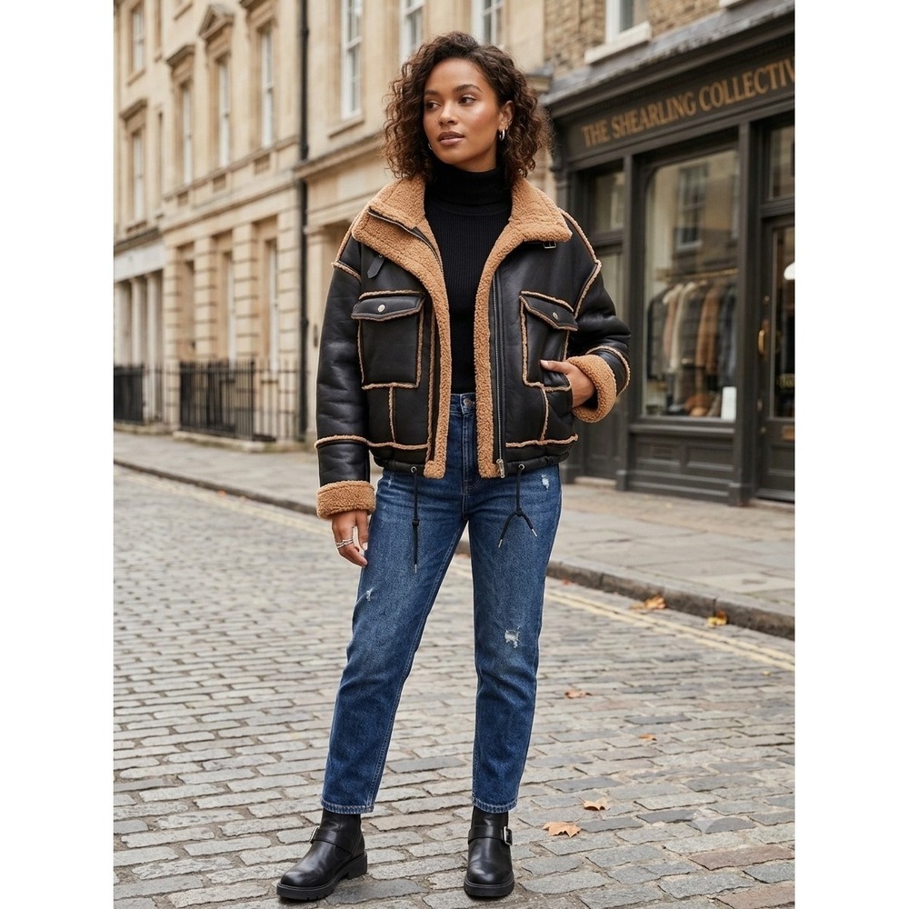 Black Leather Aviator Jacket with Tan Shearling Trim. Size 1X